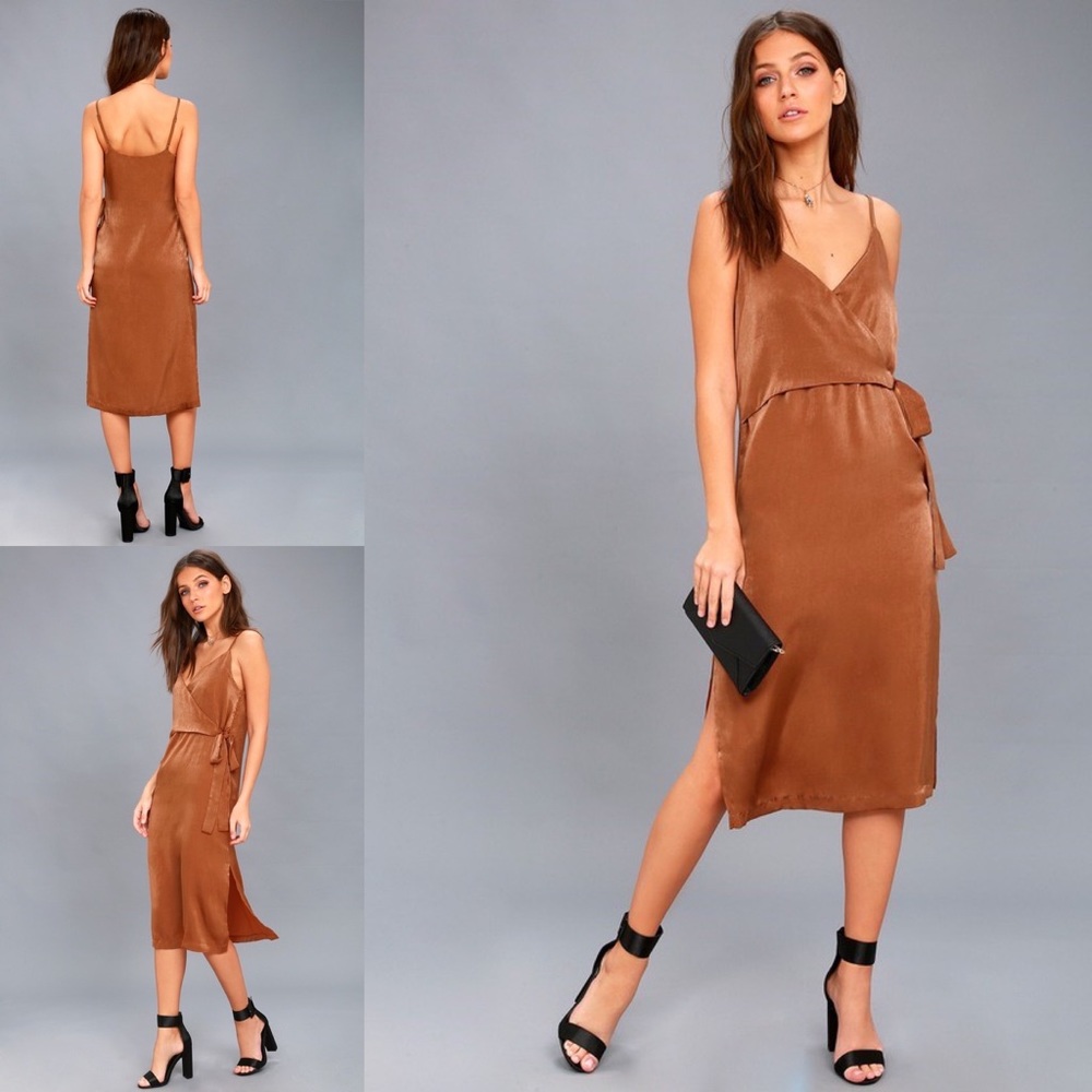 J.O.A. Lulu’s NWT Fall In Love Rusty Brown Coppery Satin Midi Wrap Dress M